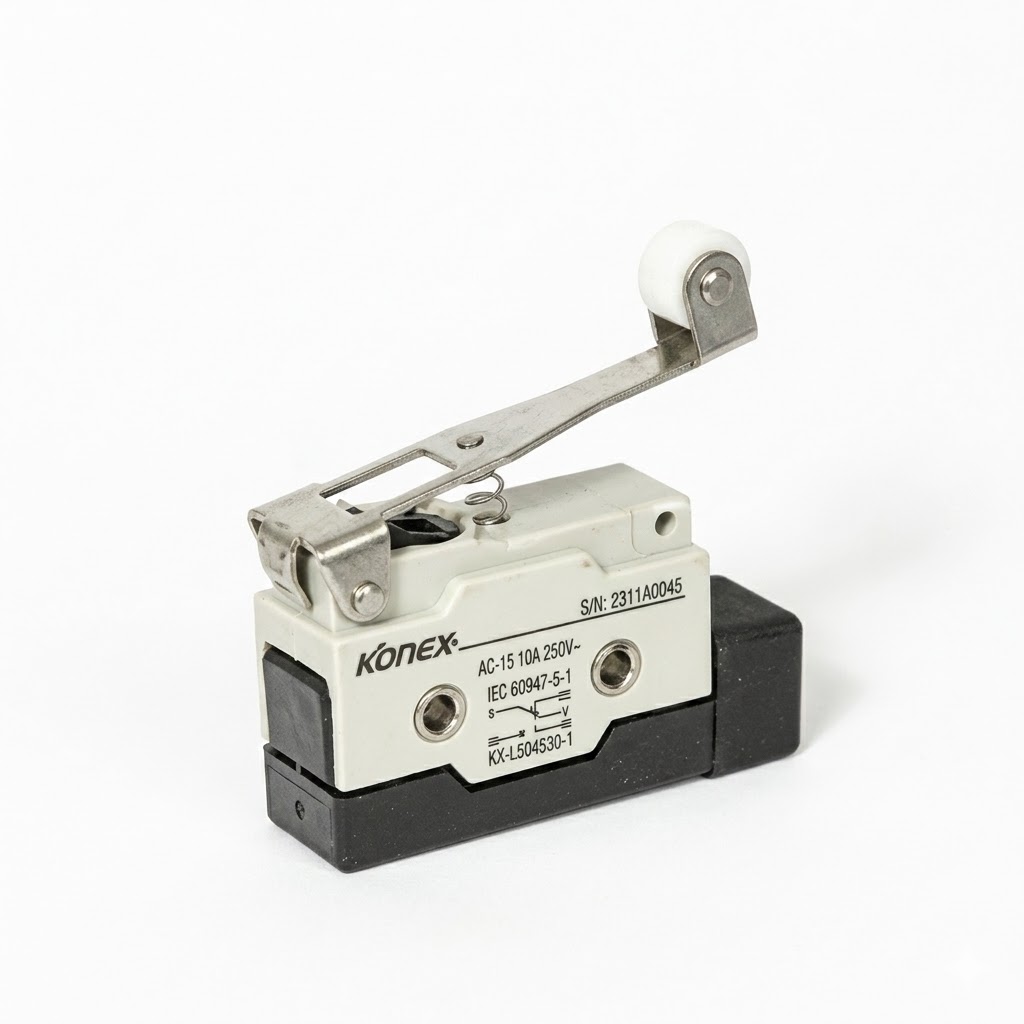 A limit switch — pressing the lever/roller flips its SPDT pair (NC·NO) together.